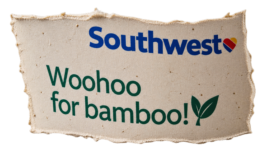 The side of the cup reading Woohoo for bamboo, with a Southwest logo.