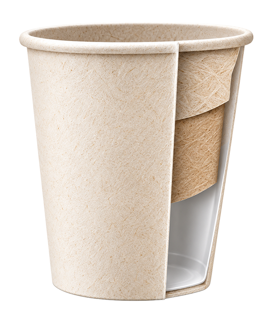 Cross-section of the cup showing bamboo, paper fibre and a plastic lining.