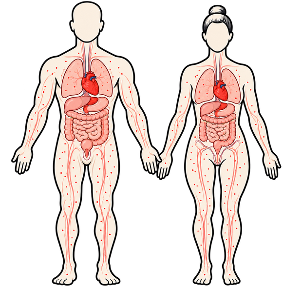 A male and female body with microplastic fragments marked throughout.