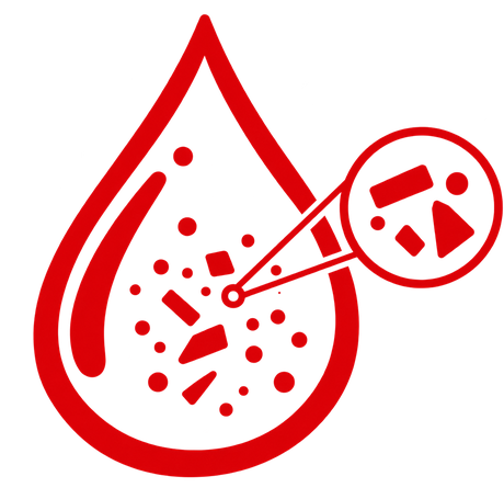 A blood drop with plastic fragments magnified.