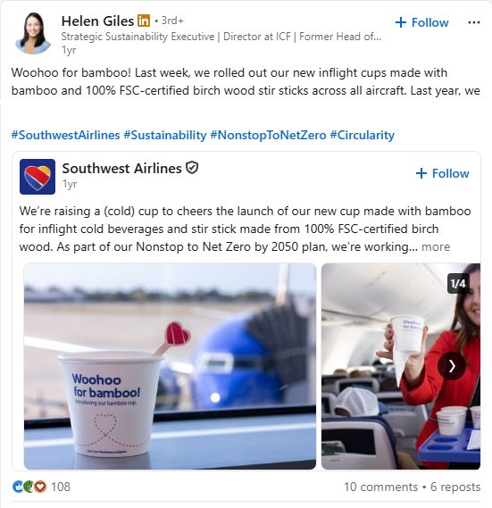 Helen Giles posting about the cup rollout on LinkedIn.