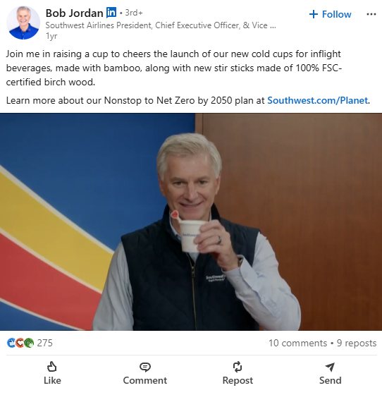 Bob Jordan, Southwest CEO, posting about the cup on LinkedIn.