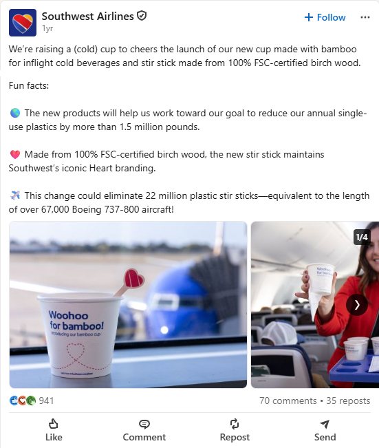 Southwest Airlines&rsquo; own LinkedIn post announcing the cup.